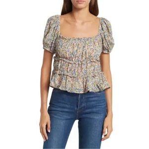 💕ASTR THE LABEL💕 Ruffle Ruched Short Sleeve Top ~ Peach Blue Ditsy Print M NWT